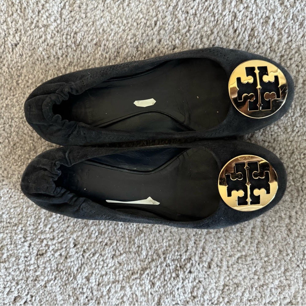 Tory Burch Navy and Gold Flats with Signature Logo, Size 9